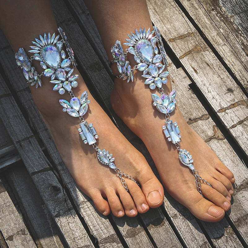 Gypsy Wedding Accessories Ethnic Barefoot Sandals For Wedding Shoes Water Drop Gemstone and Diamond Handmade Footwear Designer Anklet