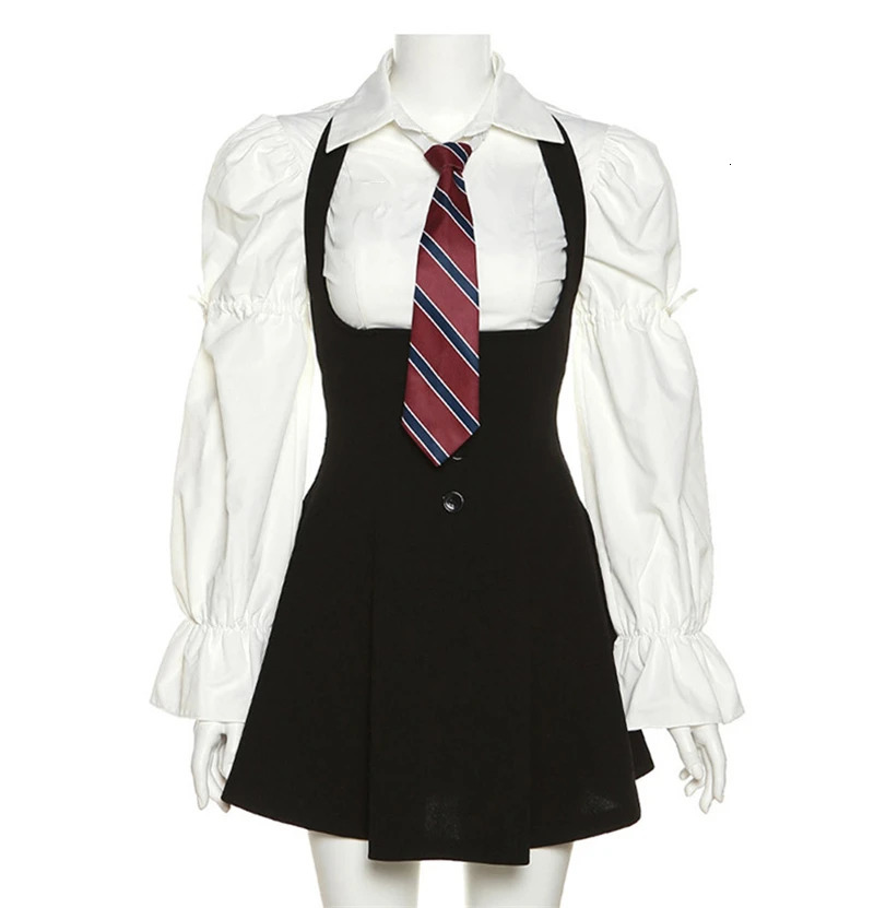 College Style Preppy American Spicy Girls JK Uniform Dress Suit Black Summer Slim Set White Shirt Bishop Sleeve 250729