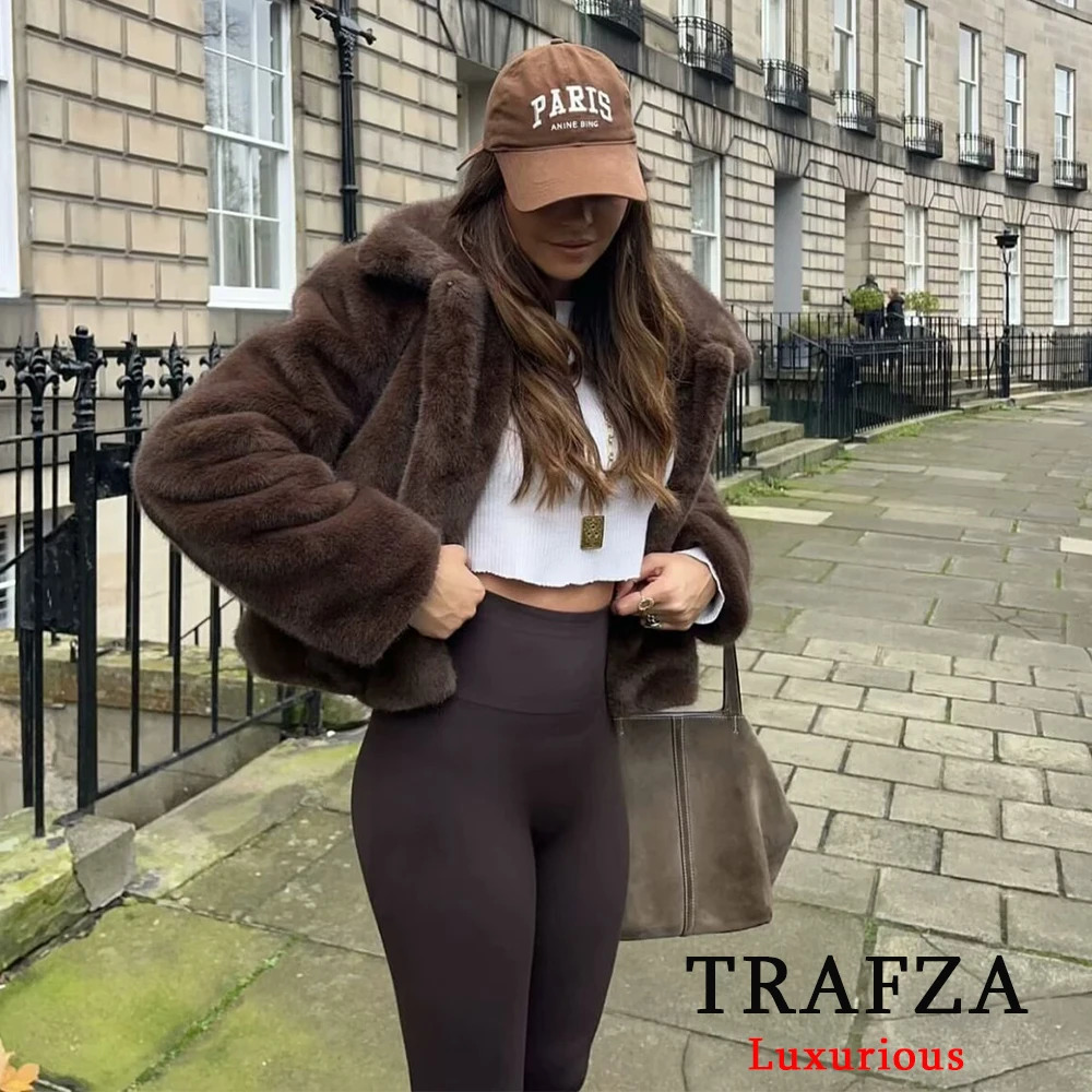 TRAFZA Vintage Causal Faux Fur Jackets Women Long Sleeve Loose Buttons Coats Fashion Spring Brown Fur Coats Elegant Outwear 250806