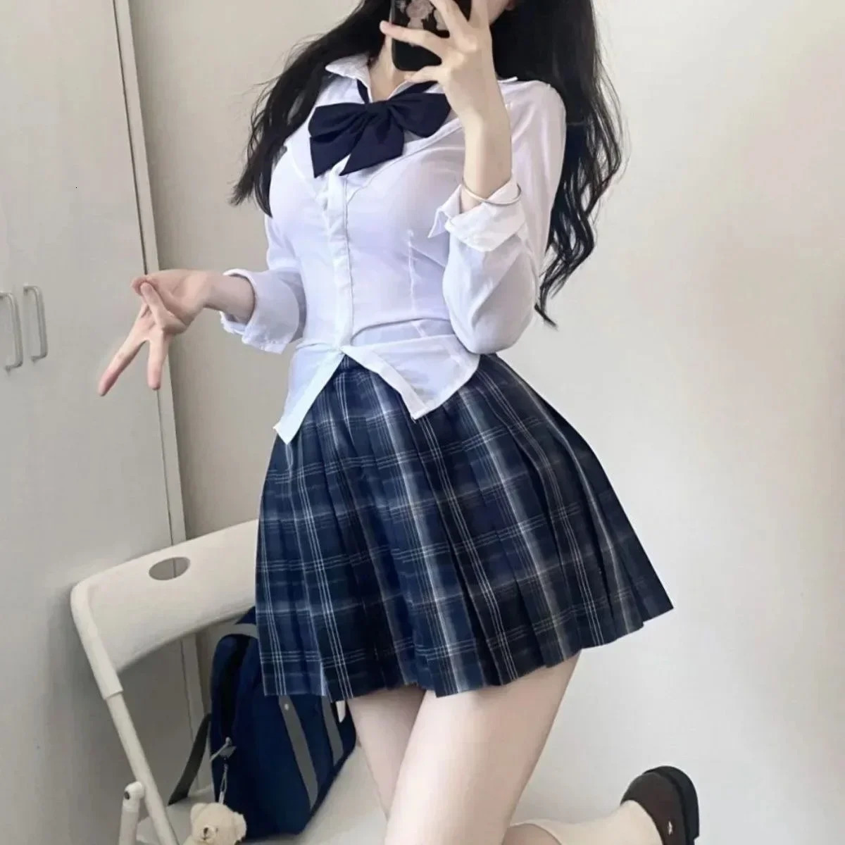 S8xl plus size American Jk school uniform original bow pleated skirt college style slim shirt high waist suit 250729