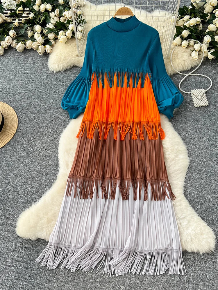 SINGREINY Multicolor Spring Loose Dress Women Lantern Sleeve Temperament O Neck 2025 est Vintage Tassel Senior Long Dresses 250728