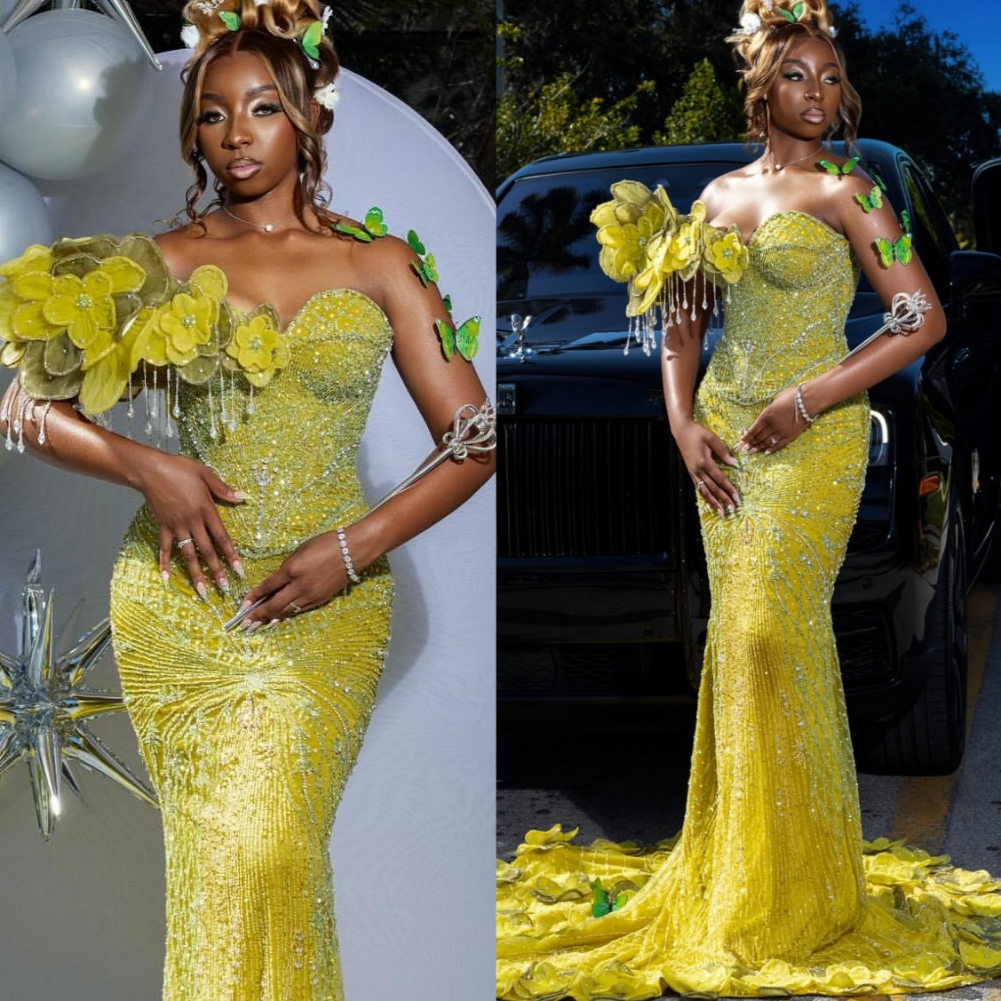 Mermaid Yellow Prom Dresses 2025 Flowers Crystals Sequined Luxurious Evening Formal Party Second Birthday Engagement Gowns Plus Size Dress For Special