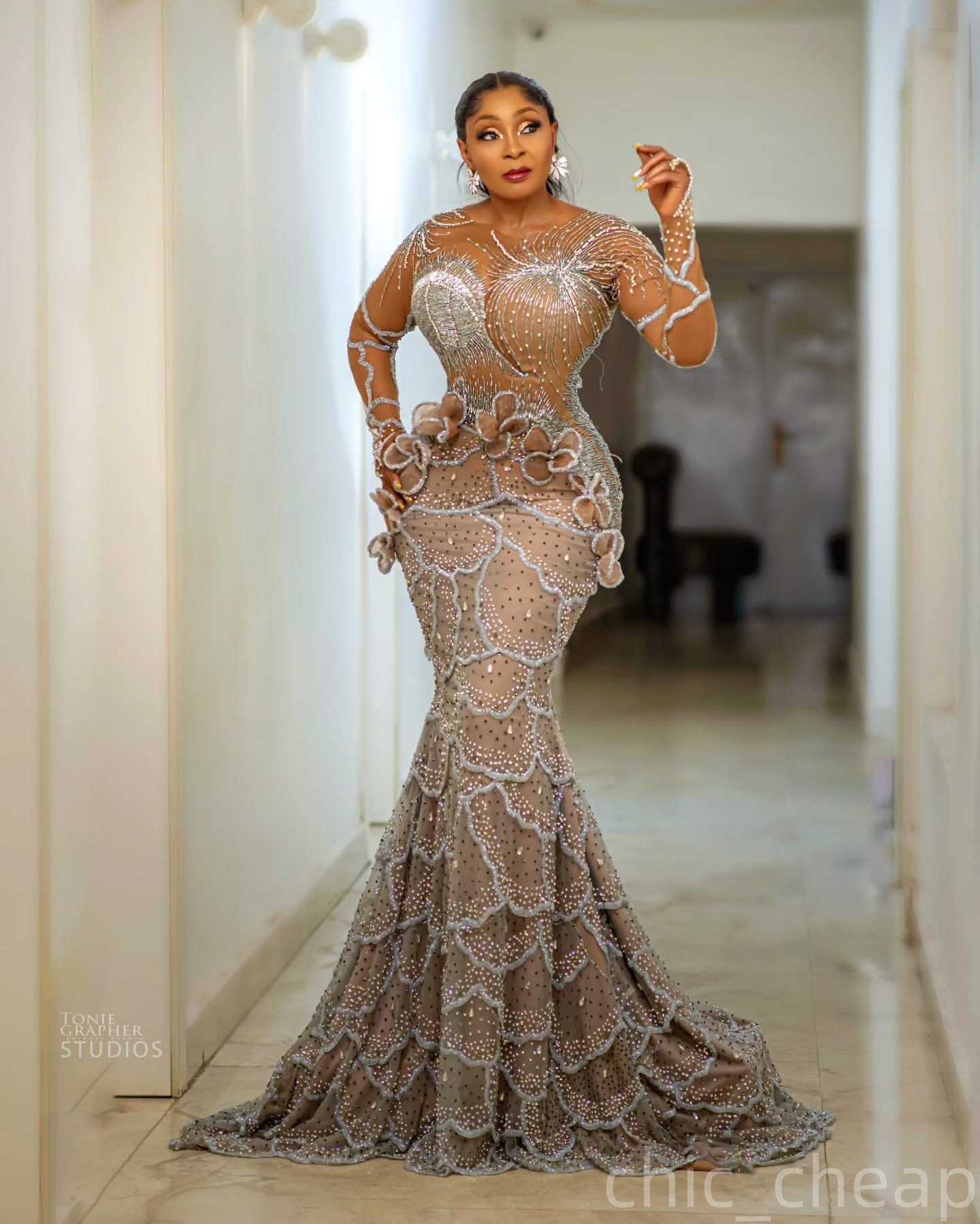 Mermaid Brown Prom Dresses 2025 Crystals Beaded Flowers Illusion Evening Formal Party Second Birthday Engagement Gowns Plus Size Dress For Special Occ