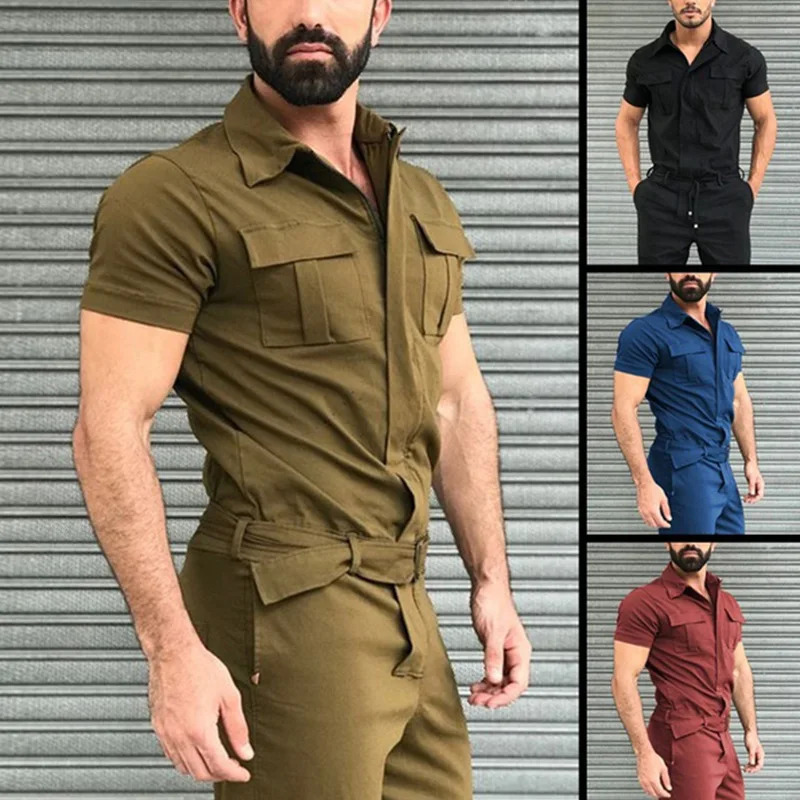 Men Pants Casual Onepiece Suit Spring Summer Fashion Jumpsuits Short Sleeve Belt Clothing Solid 250804