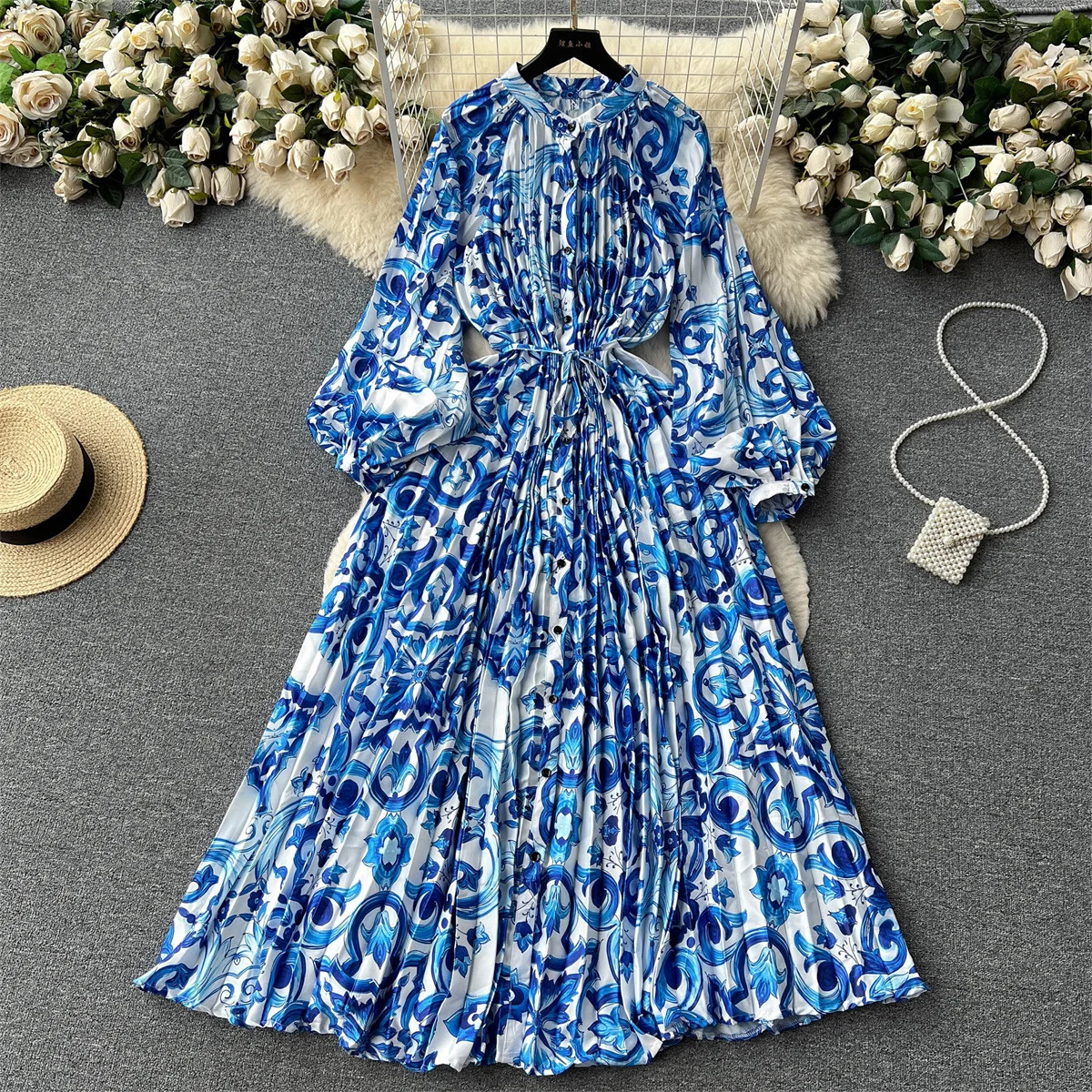 Retro Print Elegant Pleated Lantern Long Sleeve O Neck Single Breasted Dress A-line Casual High Waist Women Summer Dresses 250728