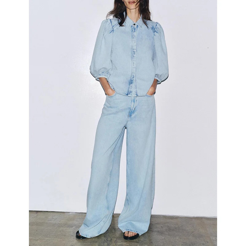 Summer Collar Puffy Sve Denim irt High Waist Wide Leg Simple Jeans Two Piece Set ort Sve Buttoning Faion Outfit 250728