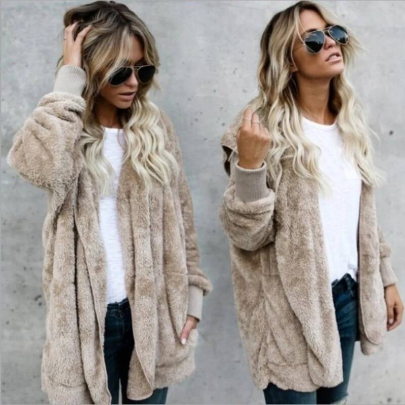 Autumn Winter Double Fleece Cardigan Women Solid Color Long Sleeve Plush Warm Hooded Lady Jacket Oversized Outerwear Coat dongdumaoyi