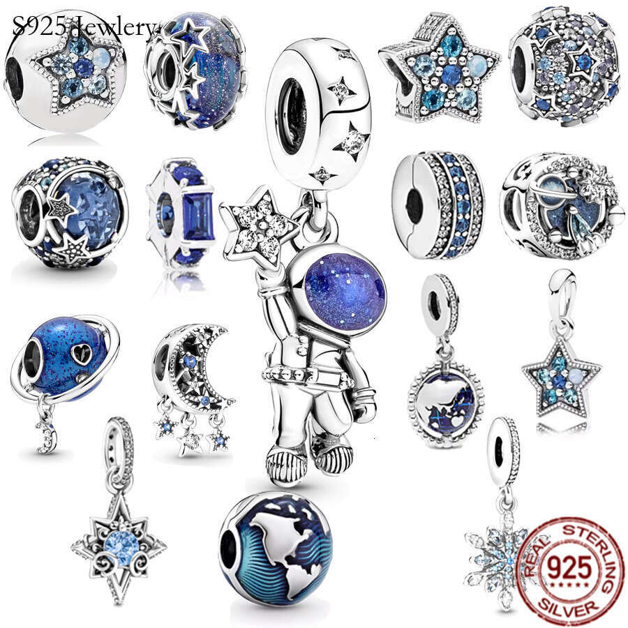 925 Sterling Silver Charm Blue Astronaut Galaxy Star Balls Are Suitable For Primitive Ladies Bracelet Necklace DIY Jewelry Free Delivery
