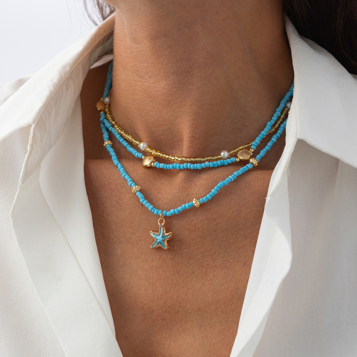 European American Beach Inspired Unique Oil Drip Small Starfish Pendant Necklace Bohemian Beaded Strand Jewelry for Women