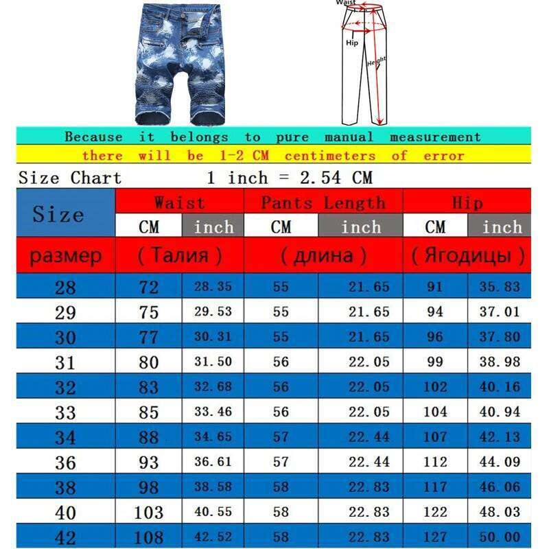 2025 Summer New Men's Jeans Pleats and Holes Decorated Shorts, Men White Black Blue Red Denim Shorts