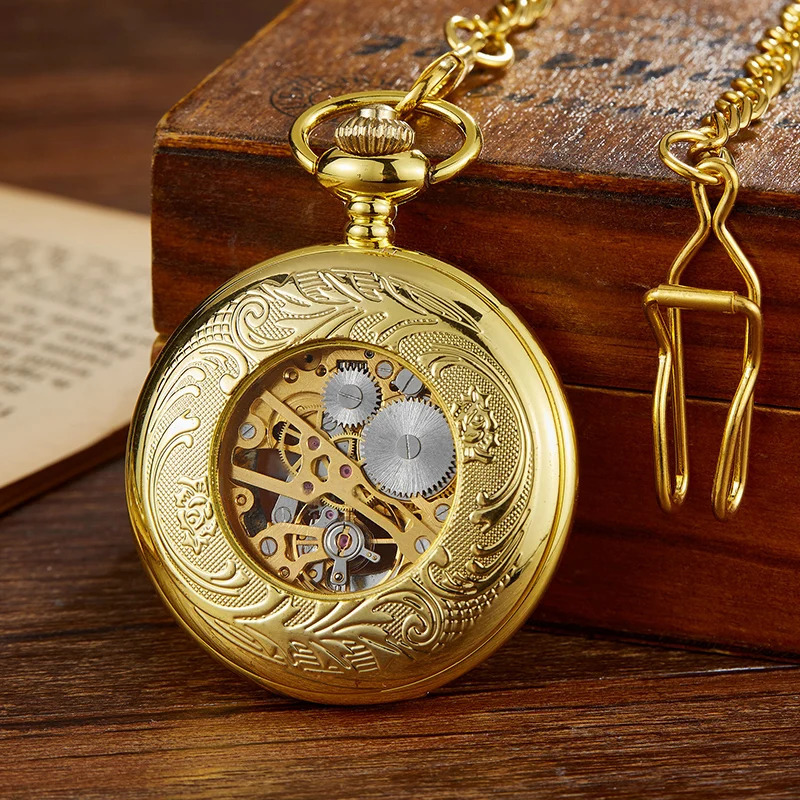 Vintage Gold Bronze Mechanical Pocket Watch Hand Winding Skeleton Roman Numerals Dial Fob Chain Clock for Men Drop 250807