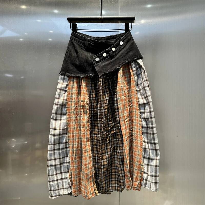 2025 Summer New Women's DEAT Women's Fashion Checkered Cowboy Patch Contrast Color fashion Skirt Spring New Casual A-line Skirt Female New D