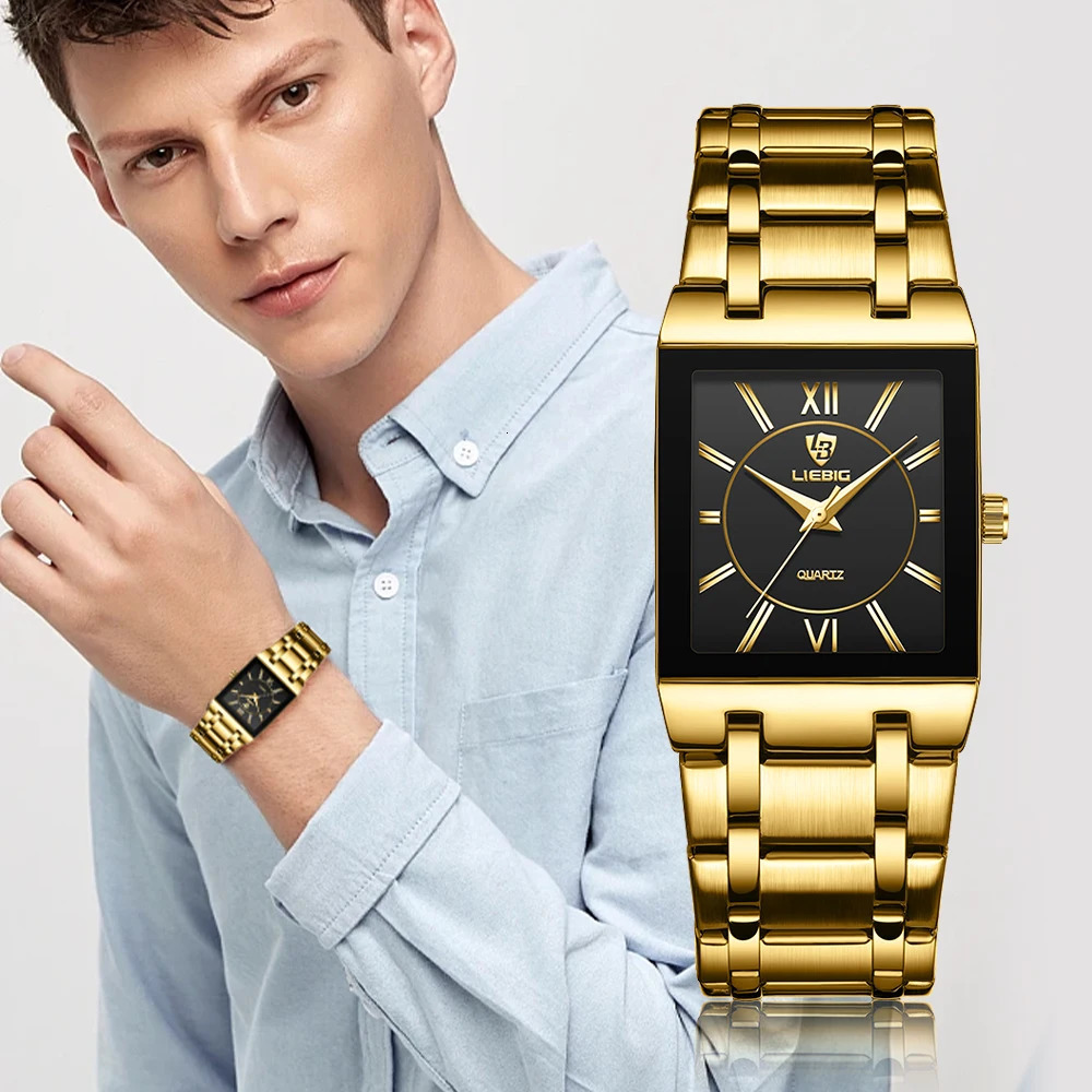 LIEBIG Business Quartz Wristwatches For Mens Watch Simple Black Gold Stainless Steel Waterproof Clock 250807