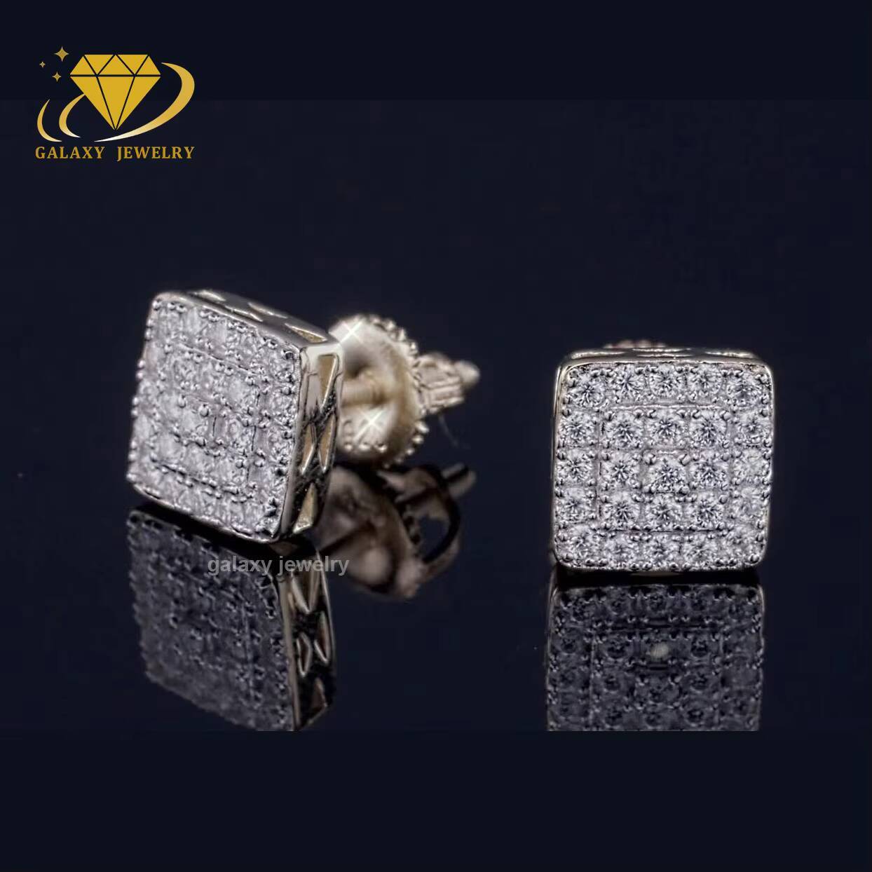 Hip Hop Earrings Real Solid 925 Silver Iced Out Screw Back Gold Plated Square Vvs Moissanite Stud Earrings