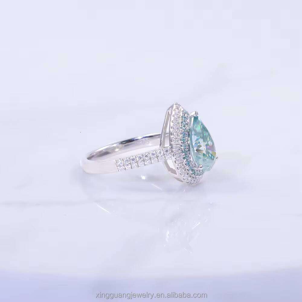 Customized Halo Design Blue 6x8mm Pear Dia Moissanite Fashion White Gold Rings Wedding Fine Jewelry Women Ring