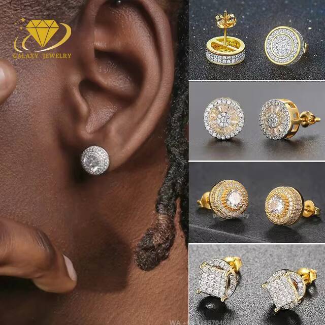 Bling Men Fine Body Jewelry Iced Out 925 Sterling Silver Vvs Diamond Moissanite Square Screw Back Stud Earrings