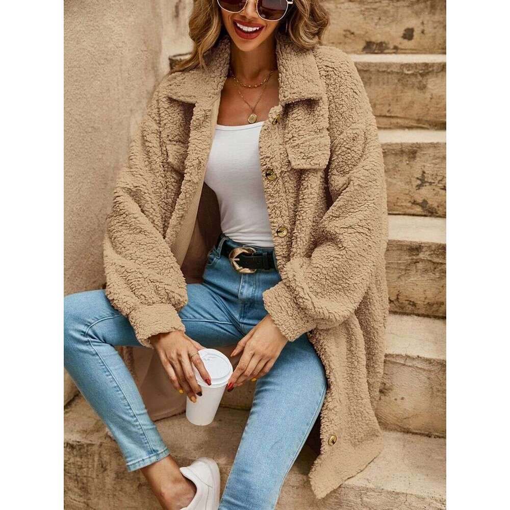 Women's open-button lapel plush loose temperament commuter long coat
