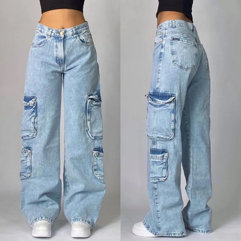 Y2K Fashion Baggy Jeans Denim Cargo Pants Womens Vintage Multi Pocket High Waist Harajuku Gothic Wide Trouser Streetwear 250804