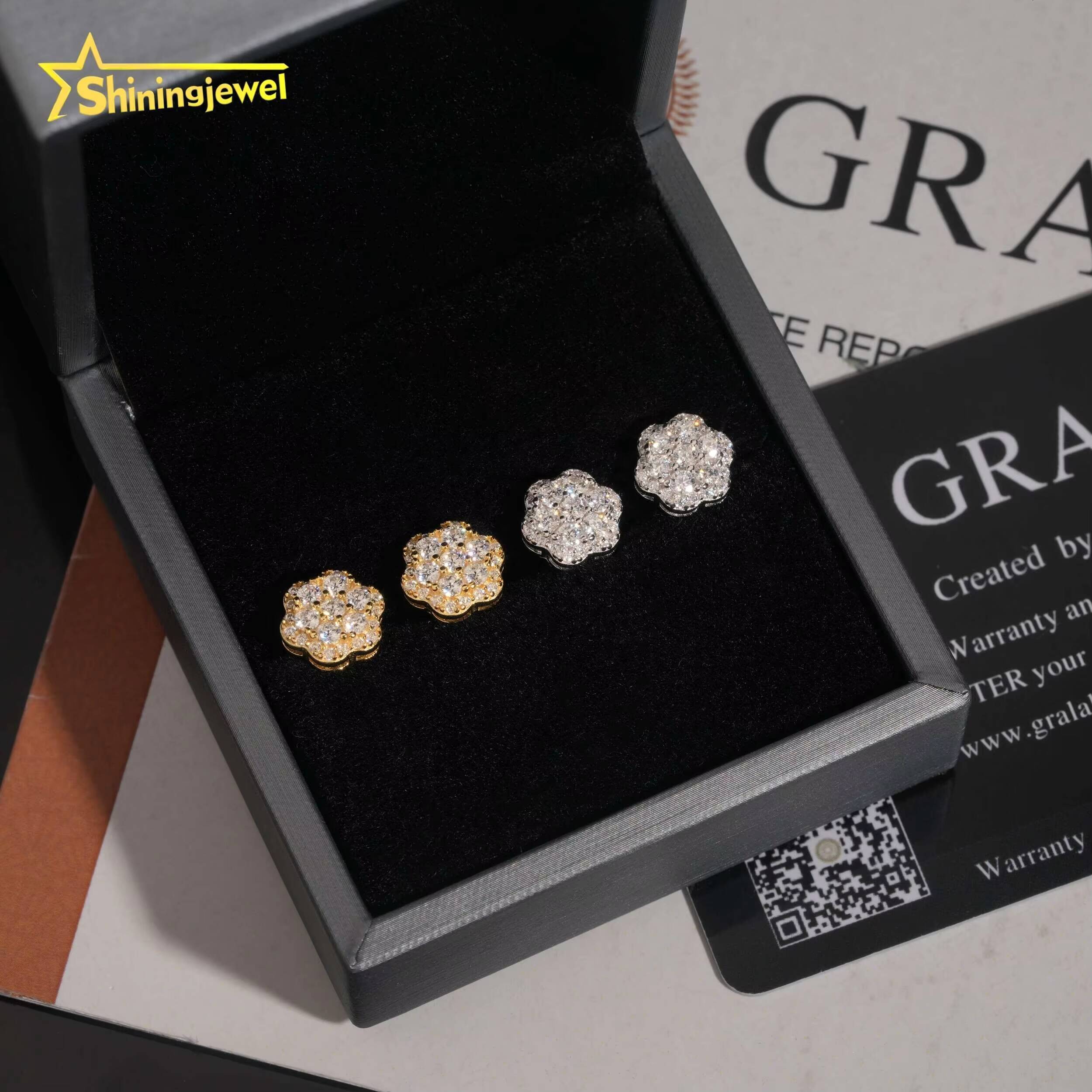 High Quality 925 Sterling Silver Flower Iced Out Diamond Hip Hop Screw Back Moissanite Stud Earrings