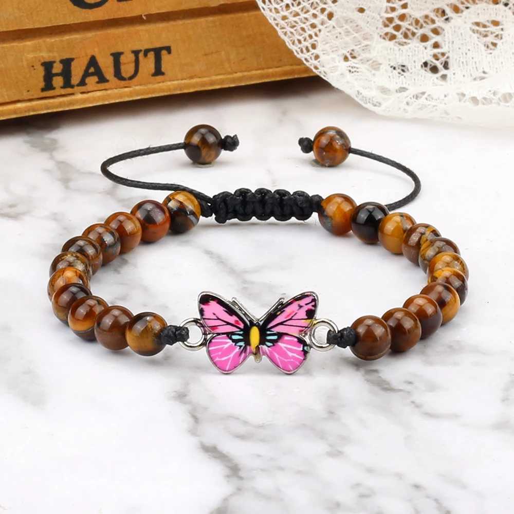 Charm Women Pink Butterfly Bracelet 6mm Natural Tiger Stone Black Lava Onyx Beads Bracelets Bangles Handmade Womens Wrist Jewelry Z250807