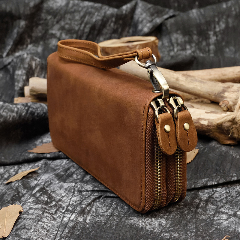 Mens Crazy Horse Leather Long Wallet Genuine Leather Double Zipper Wallet Multi-Card Slots Cowhide Clutch Large Capacity Phone Bag