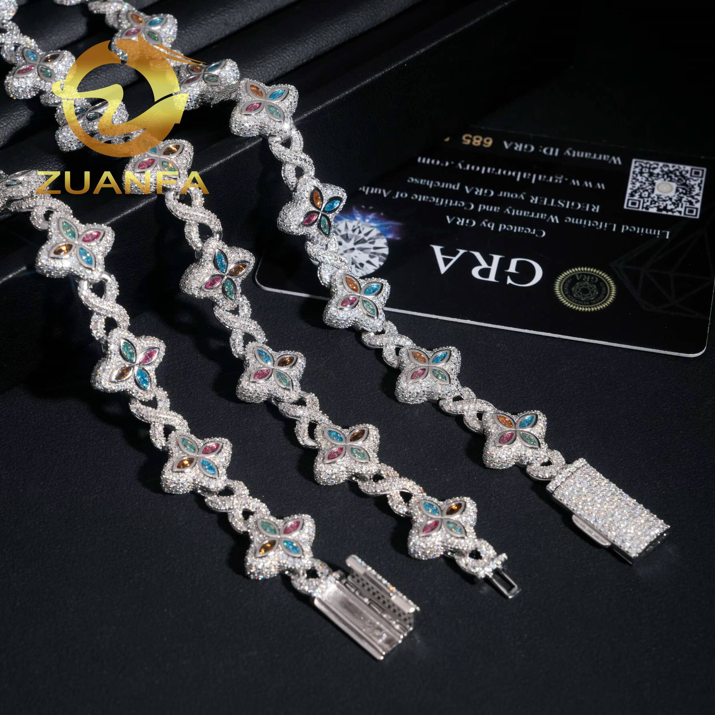 15mm Marquise Flower Hip Hop Jewelry 925 Silver Iced Out Unisex Color Moissanite Cuban Link Chain Set