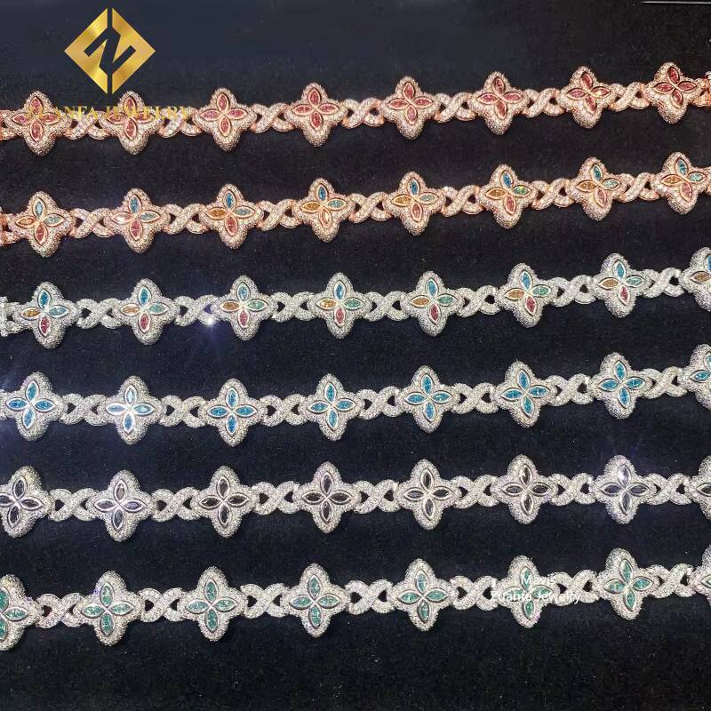 Iced Out Hip Hop 15MM 925 Sterling Silver Infinity Colored Moissanite Clover Bracelet Custom Cuban Link Bracelets for Men