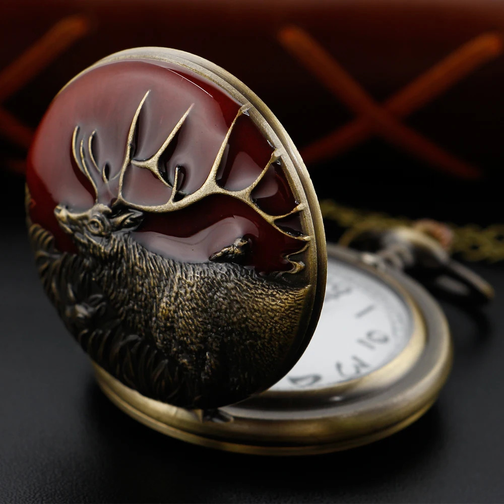 Antique Reindeer 3D Embossed Quartz Pocket Watch Vintage Mens Fob Chain Watch Clock Hunter Commemorative Gift 250807