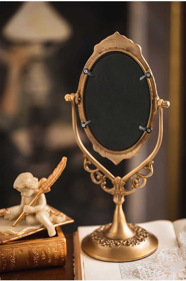 Retro Brass Tabletop Swing Mirror Oval Engraved Pattern Antique Gold Boutique Mirror Vanity Adjustable Desk Dress-up Mirror Z250807