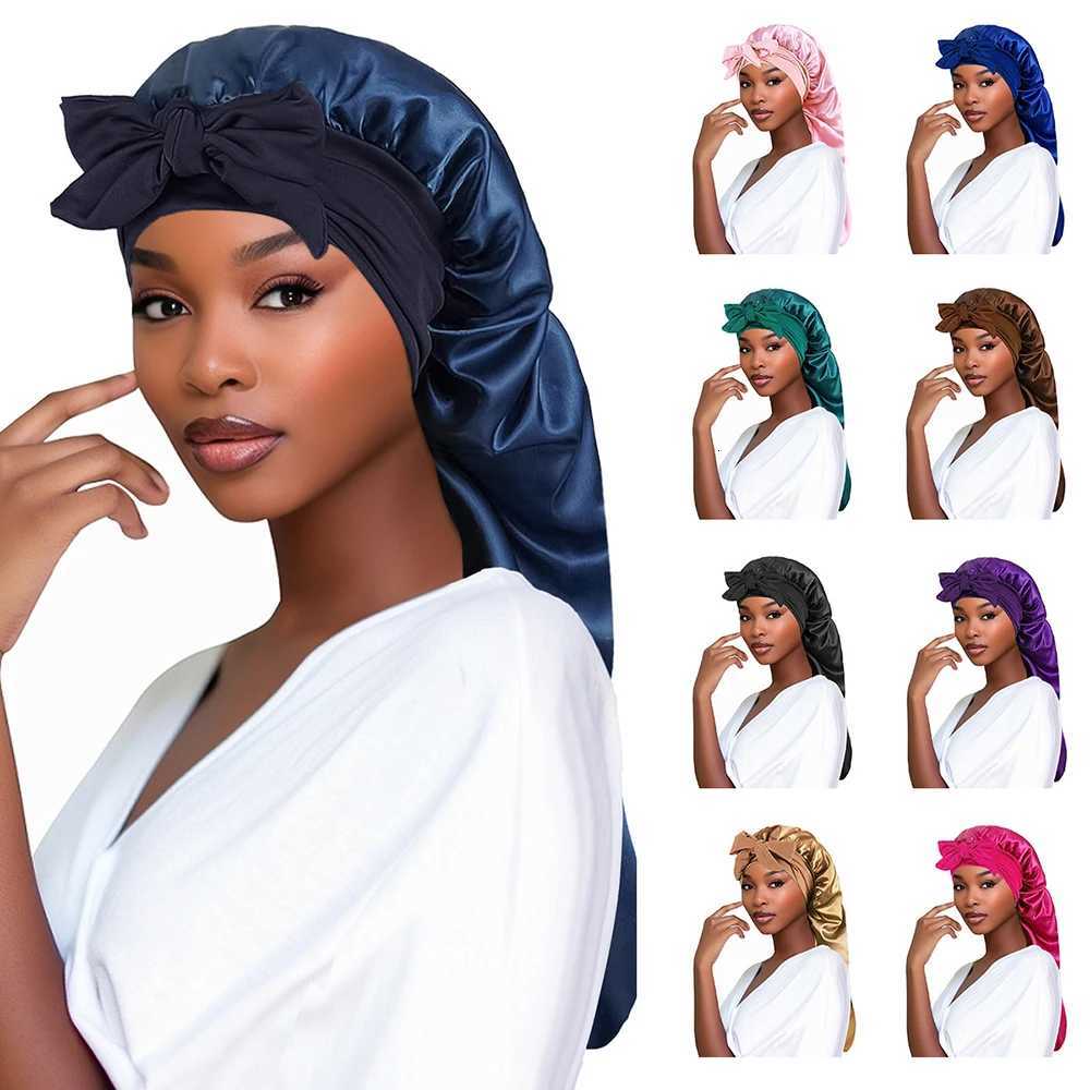 Women Bonnet Satin Sleeping Hat Long Tail Braid Hair Night Sleep Cap Head Cover Bonnets Shower Caps For Sauna Bathing Bonnet Z250808