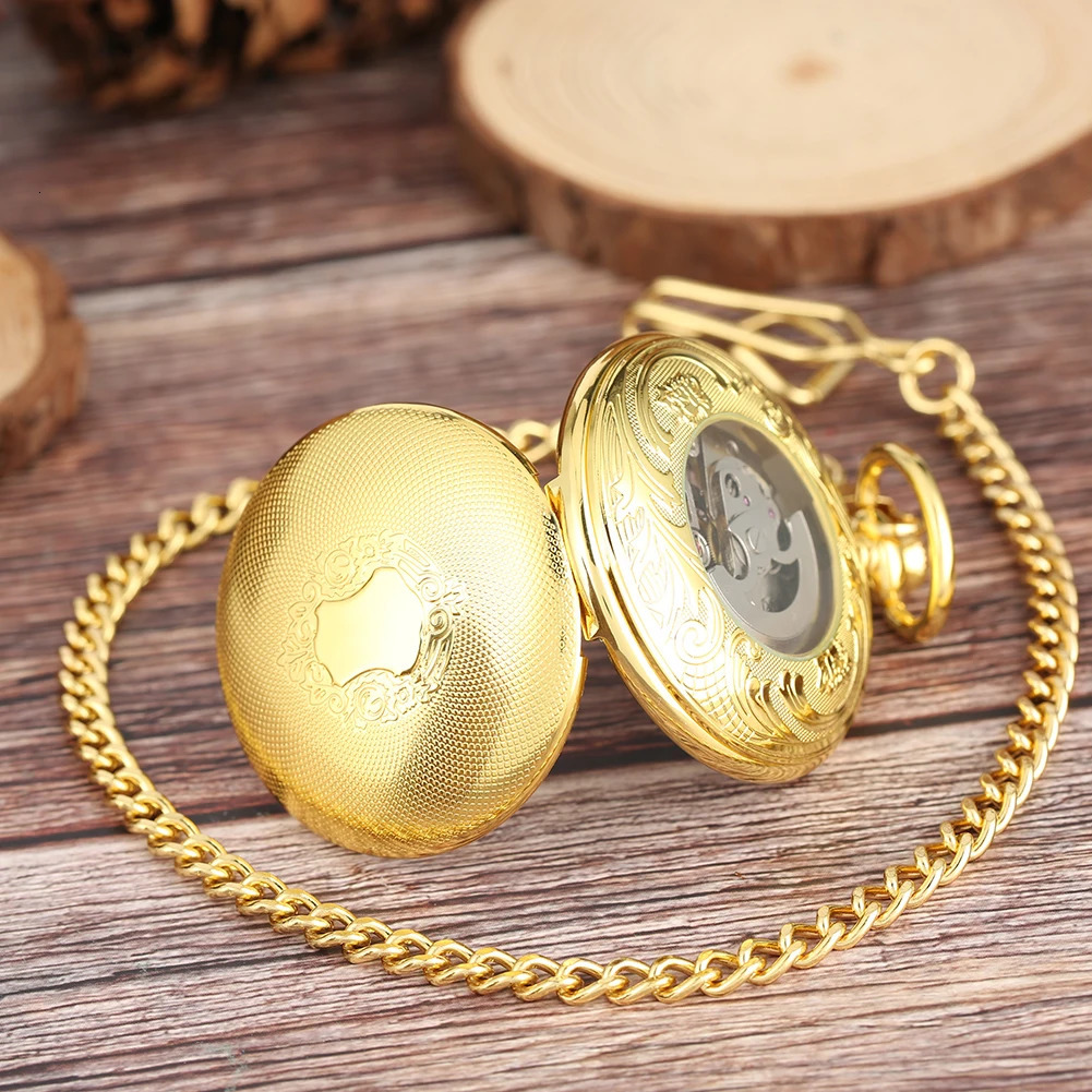Gold Shlied Royal Pattern Mehcnaical Automatic Pocket Watch With 30 cm Chain Fob Watches For Men Women 250807