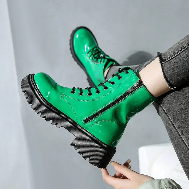 Lace Up Pink Ankle Boots Woman Patent Leather Platform Motorcycle Thick Heels Zipper Short Booties 250801
