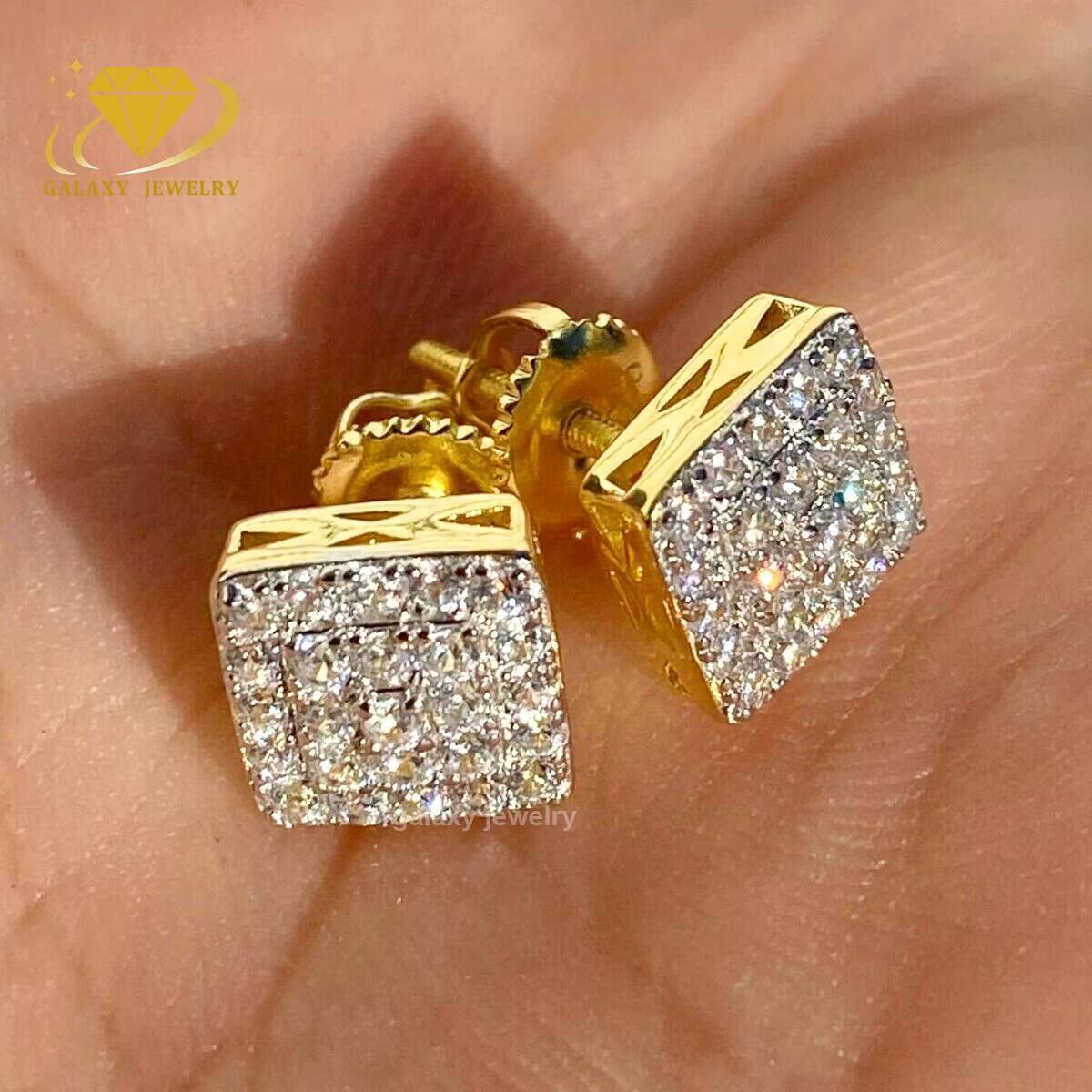 Hip Hop Earrings Real Solid 925 Silver Iced Out Screw Back Gold Plated Square Vvs Moissanite Stud Earrings