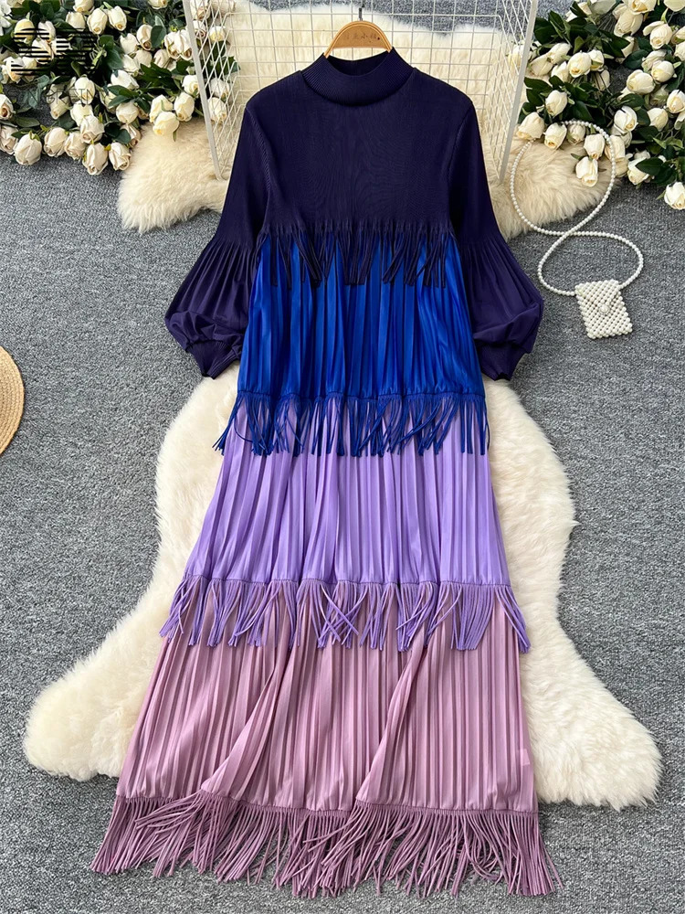 SINGREINY Multicolor Spring Loose Dress Women Lantern Sleeve Temperament O Neck 2025 est Vintage Tassel Senior Long Dresses 250728