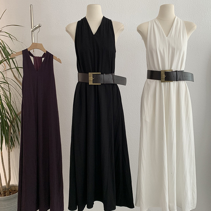 Omalai Halter V-neck Sleeveless Dress for Women Summer New Elegant Vest Long Dress with Belt 3753 T200509