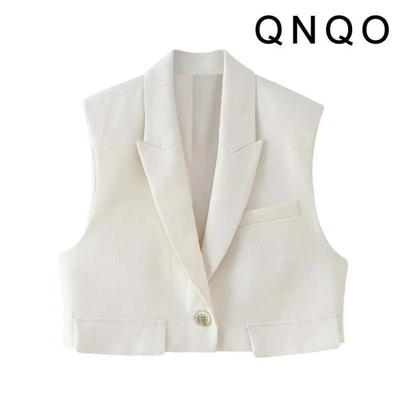 QNQO Casual Lapel Vest for Women Vintage Single Button Sleeveless Cropped Tops Temperament Elegant Sense Vestes 250804