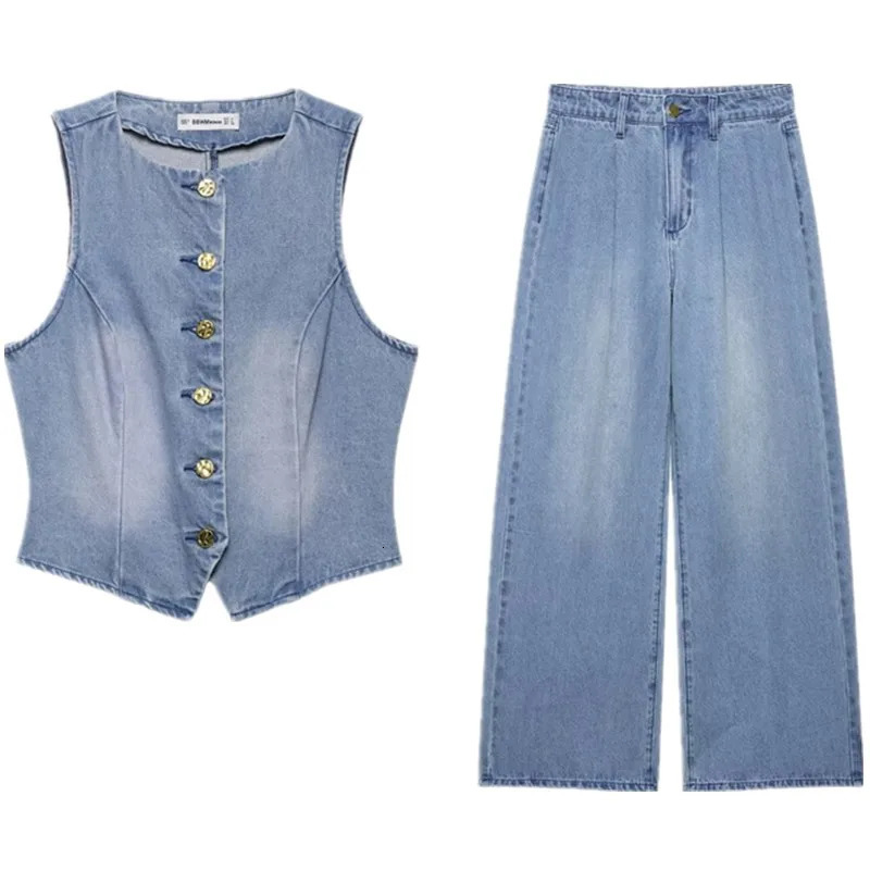 Spring Summer 2025 Womens Denim Svel round Ne Vest Tank Top mid Waist Long Pants Faion Set for Young Women 250728