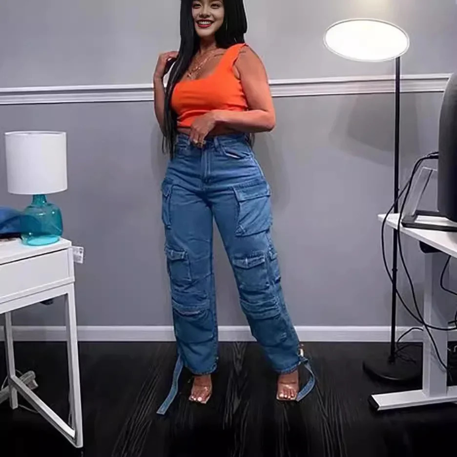 Europe and The United States High-waisted Multi-pocket Long Jeans Womens Spring and Autumn Trend Loose Splice Cargo Jeans 250804