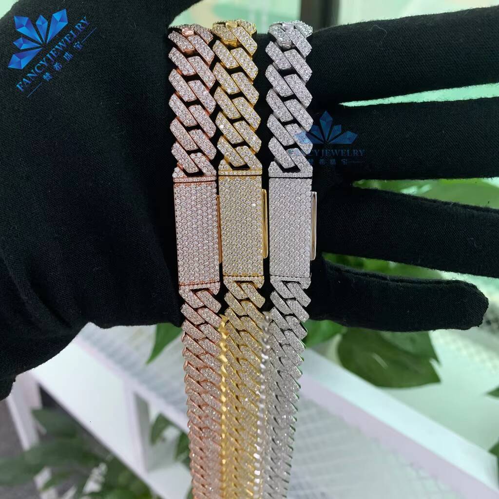 2025Hot Sale Cuban Link Necklace 8-15mm VVS Moissanite Diamond 925 Silver Gold Plated Rose Gold Iced Hip Hop Moissanite Necklaces