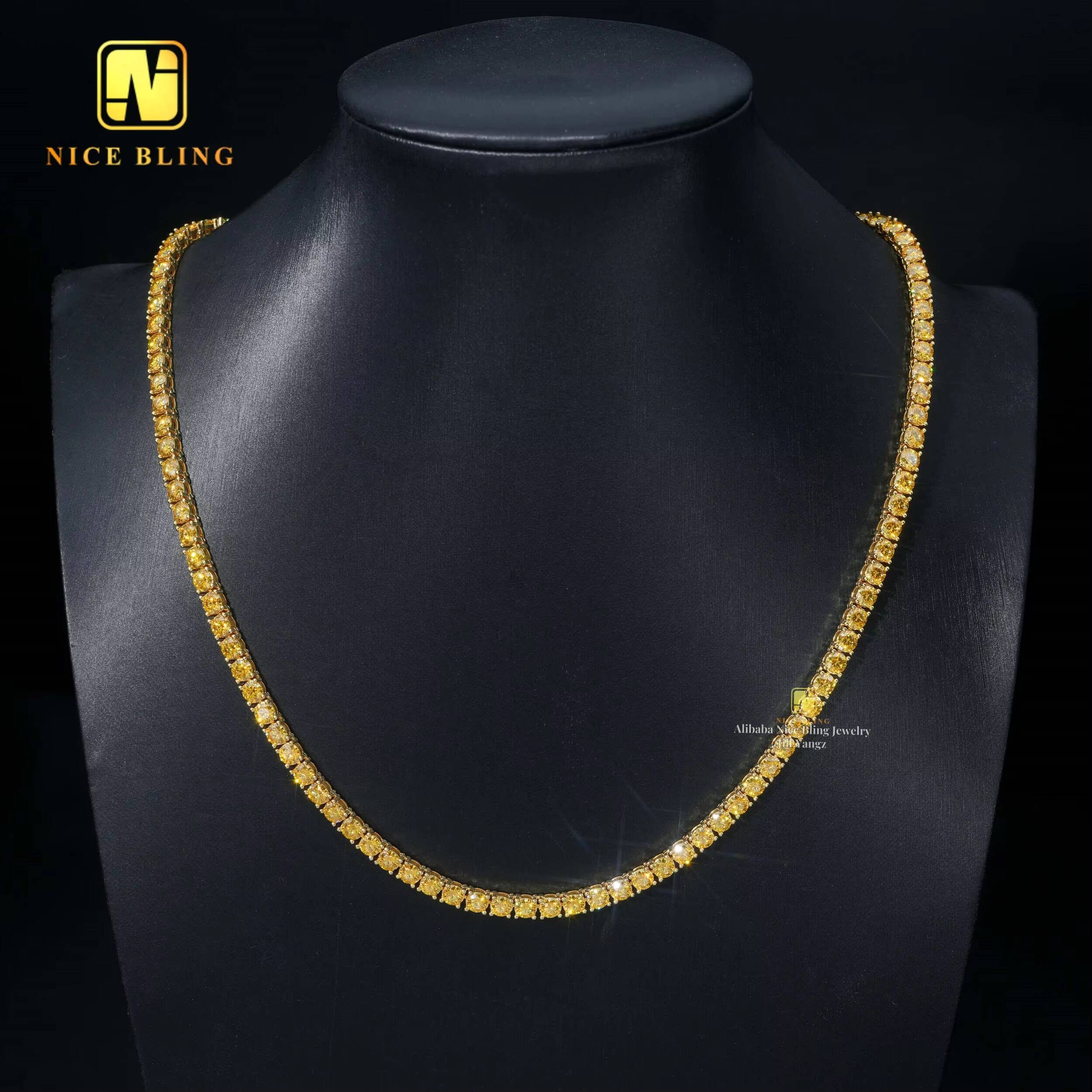 Pass Diamond Tester Golden Yellow Moissanite Tennis Necklace Bracelet 4mm Colorful Tennis Chain 925 Sterling Silver Fine Jewelry