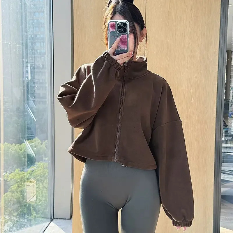 Women Loose Cropped Jacket Zipper Sweatshirt Y2k Long Sleeve Coat Cardigan Sportswear Streetwear Drawstring Tops Clothing 250808