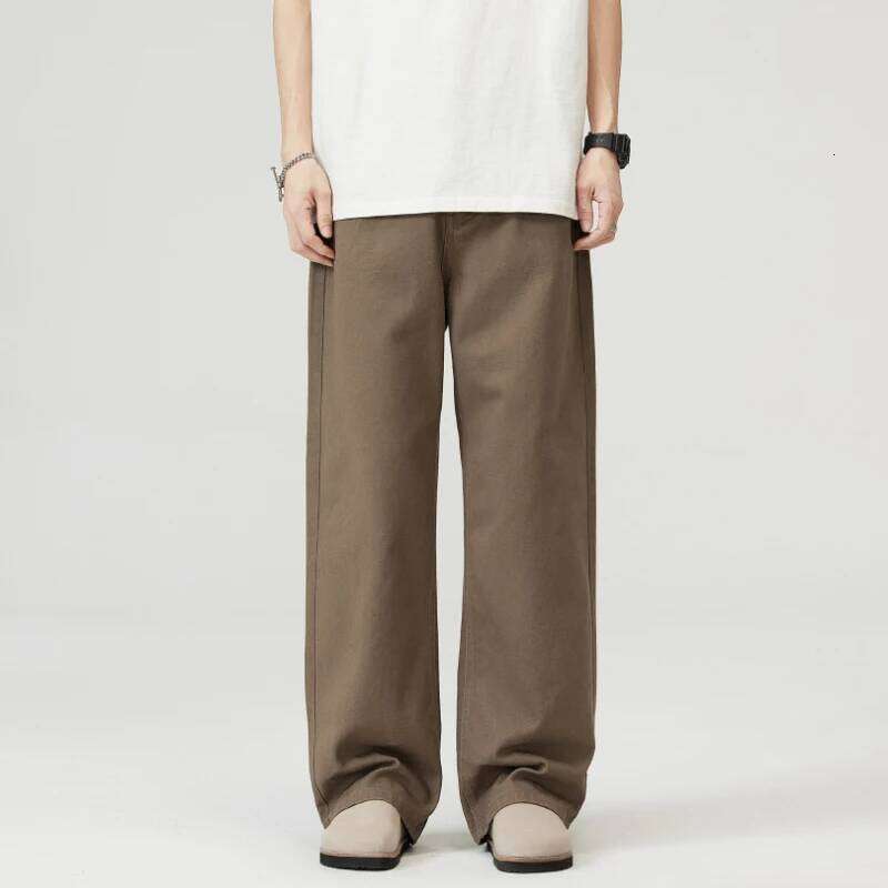 100% Cotton Men's Baggy Straight Jeans Comfortable Soft Casual Pants Fashion Korean White Brown Denim Trousers Male Clothing