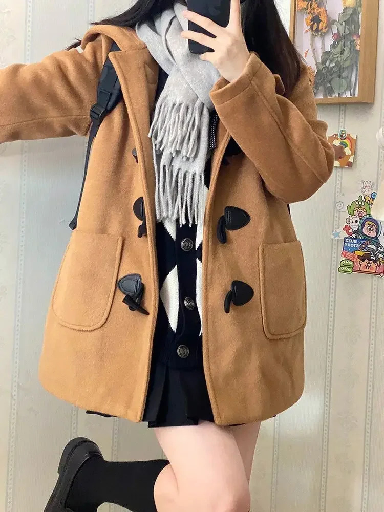 Winter Japanese College Style Hoodie Woolen Coats Women Clothing Mid Length JK Uniform Bull Horn Button Coat Winter Clothes 250805