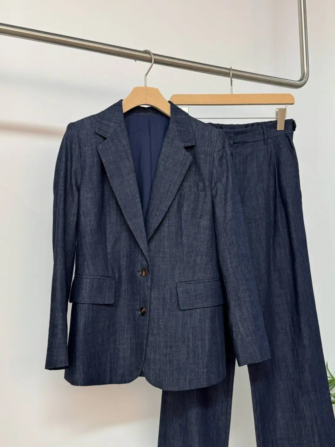 Womens Blue Cotton Denim Blazer Suit Striped Long-sleeved Jacket High Waist Straight-leg Pants 2-Piece Set 250728