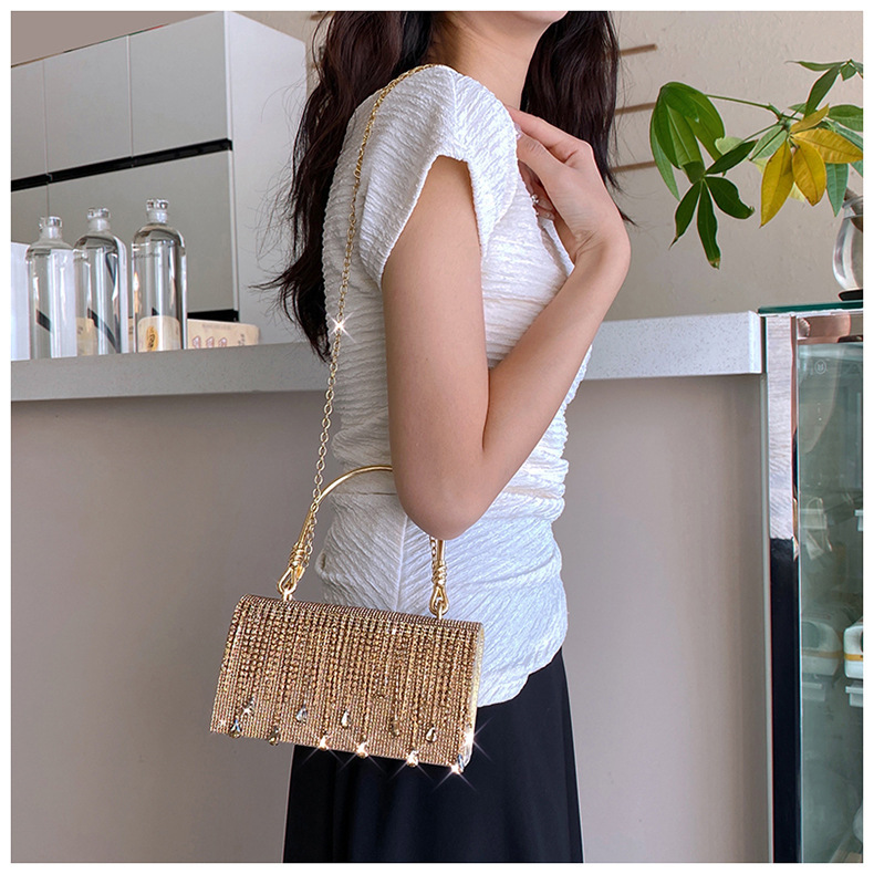 Luxury Brand Designer Bag 2025 Fashion Tassel Rhinestone Handbag For Women, Niche Design With Hot Stamped Rhinestones, Evening Bag With Metal Handle, 