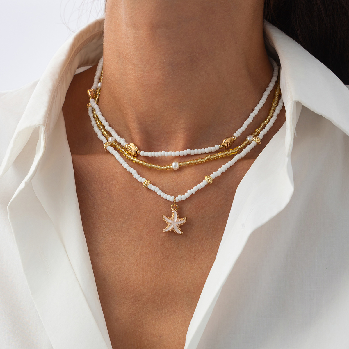 European American Beach Inspired Unique Oil Drip Small Starfish Pendant Necklace Bohemian Beaded Strand Jewelry for Women