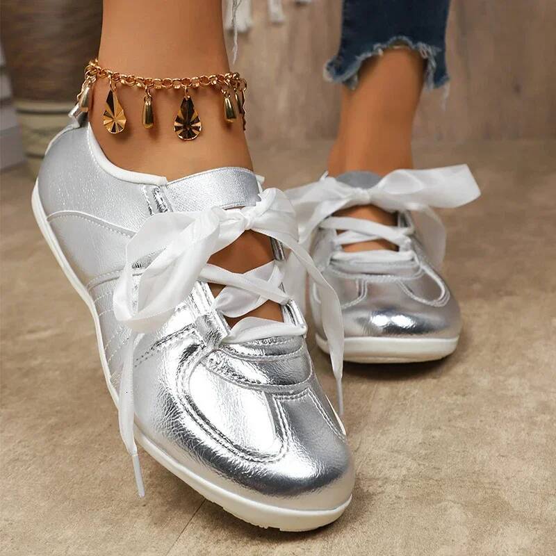 Fashion Gold Sier Women's Flat Sneakers Lightweight Soft Sole Casual Woman Comfortable Non Slip Pink Shoes Plus Size 43 ddmysaturn