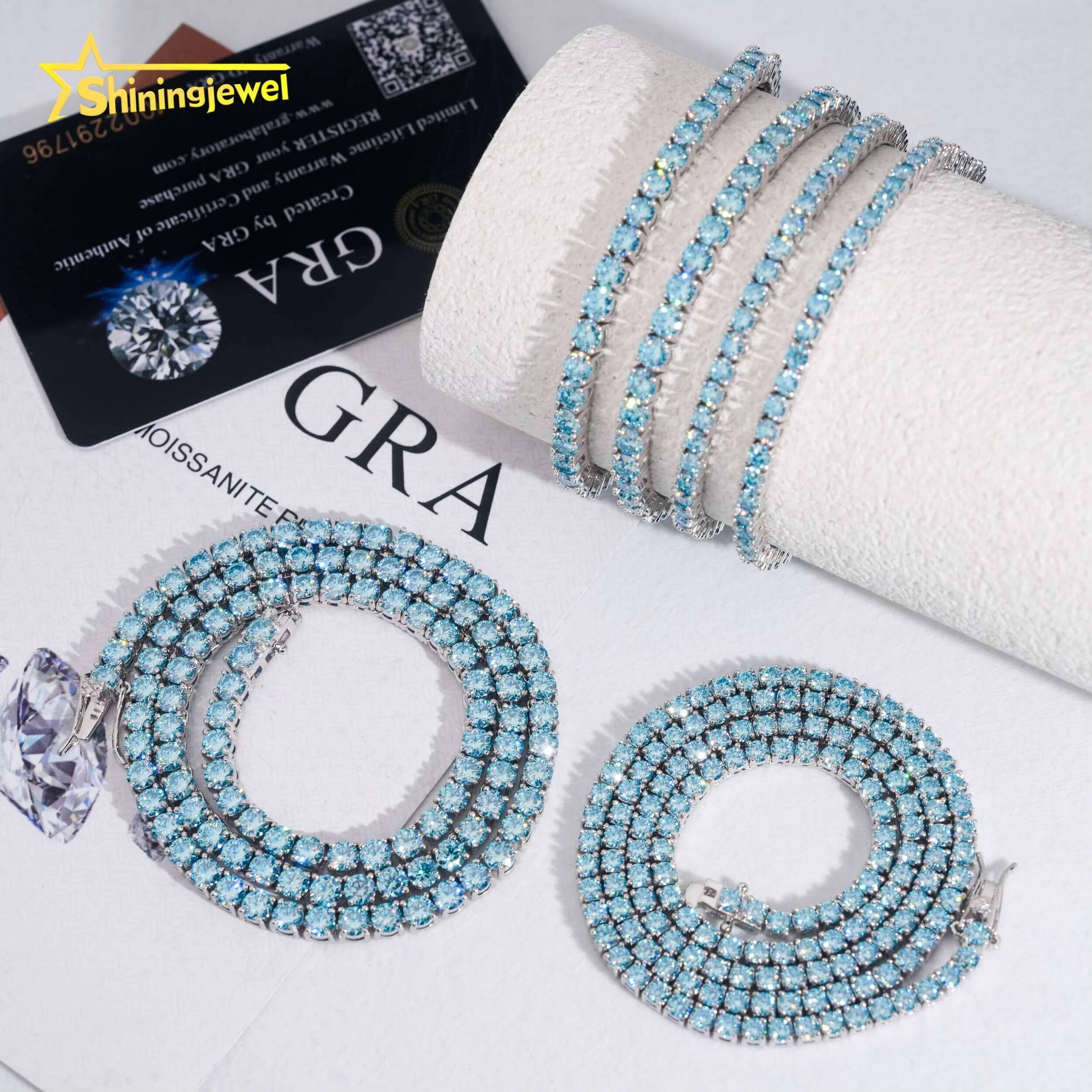 Pass Diamond Tester Hip Hop Jewelry 925 Sterling Silver Fashion Necklace 3mm 4mm Iced Out VVS Blue Moissanite Tennis Chain