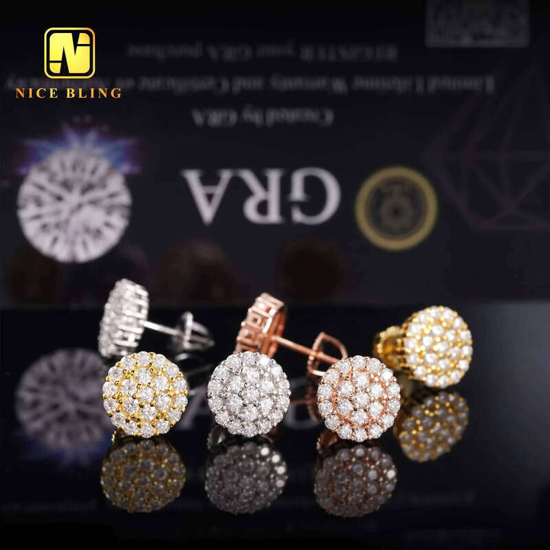 10MM Hip Hop Earrings Iced Out Jewelry Unisex Moissanite Dia Cluster Ear Studs for Men Women Sier