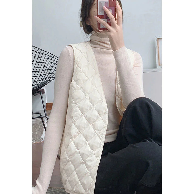 Autumn Winter Down Cotton Vest Womens Loose V-neck warm Light and Thin Coat women Sleeveless Waistcoat Jacket FemaleTops 250804